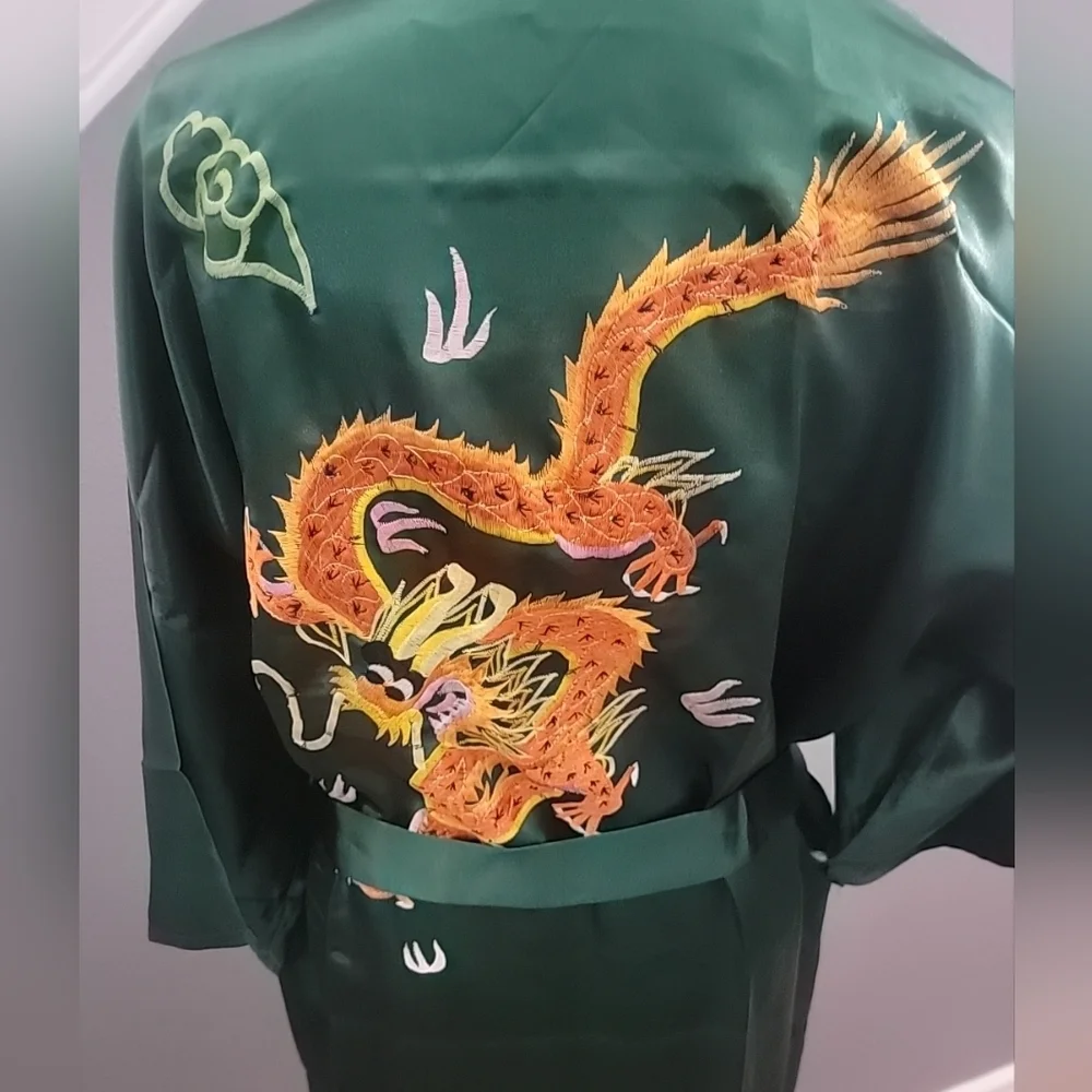 Vintage Golden Bee Chinese Satin Robe Dragon Hand Embroidery Green Free Size - Picture 2 of 4